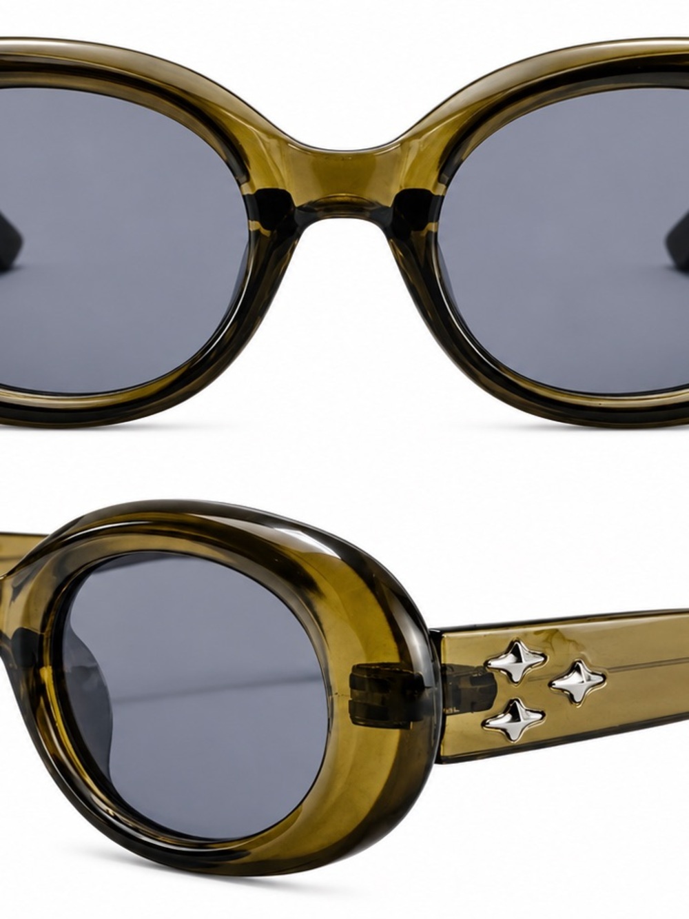 Olive Green Round Sunglasses with Dark Lenses and Star Accents
